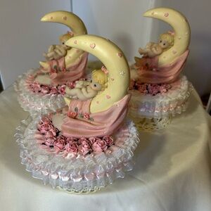 3 Pink and Cream baby girl Moon Centerpiece cake tappers